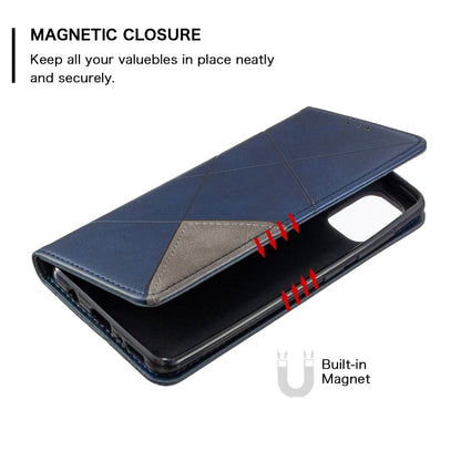 Blue rhombus flip magnetic leather phone case with built-in magnet closure
