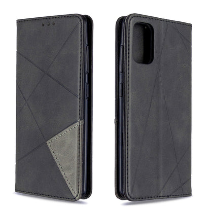 Black rhombus textured horizontal flip magnetic leather phone case, front and back
