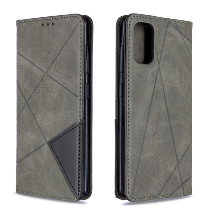 Grey rhombus textured horizontal flip magnetic leather phone case, front and back