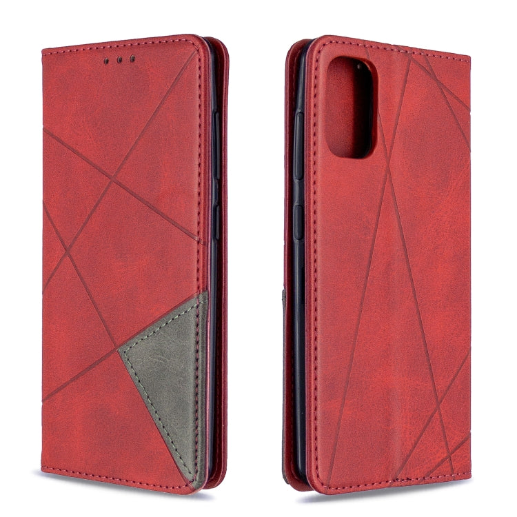 Red leather flip phone case with rhombus geometric pattern and card slots