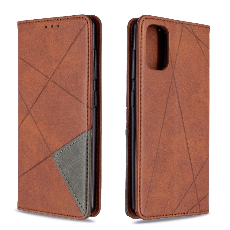 Brown leather flip phone case with rhombus geometric pattern and card slots