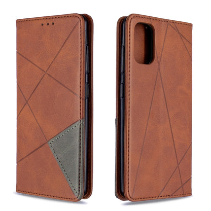 Brown leather flip phone case with rhombus geometric pattern and card slots