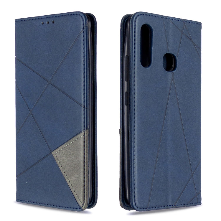 Blue rhombus textured horizontal flip magnetic leather phone case, front and back