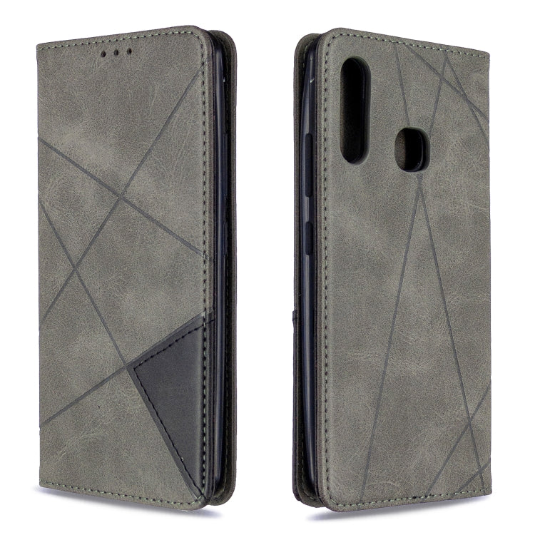 Light gray leather flip phone case with rhombus geometric pattern and card slots