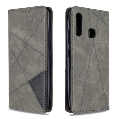 Light gray leather flip phone case with rhombus geometric pattern and card slots