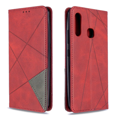 Red leather flip phone case with rhombus geometric pattern and camera openings