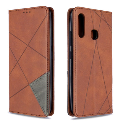 Brown leather flip phone case with rhombus geometric pattern and camera openings