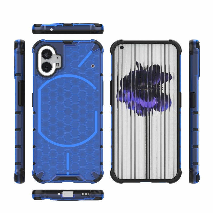 Blue rugged phone case with honeycomb texture and reflective ribbed back detail