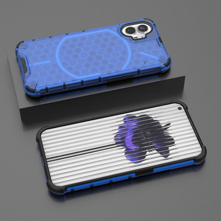 Blue rugged phone case showing honeycomb back and ribbed side protection