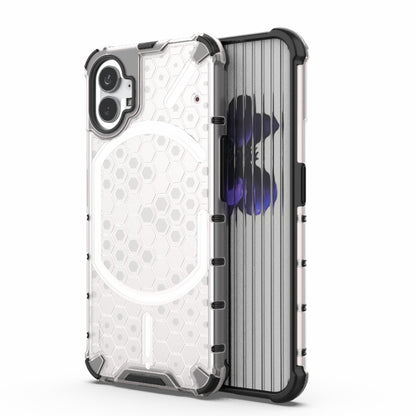 White shockproof phone case with honeycomb pattern and dual-layer bumper