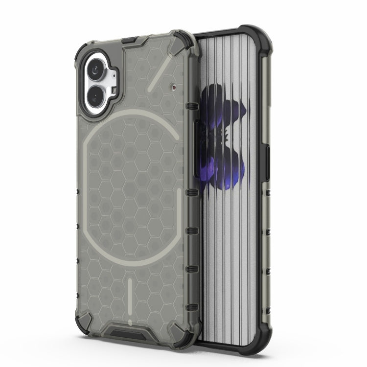 Gray shockproof phone case with honeycomb pattern and dual-layer PC+TPU protection