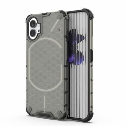 Gray shockproof phone case with honeycomb pattern and dual-layer PC+TPU protection