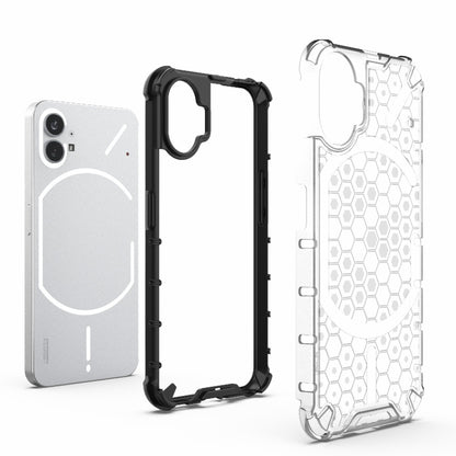White honeycomb protective phone case with black frame and raised camera cover