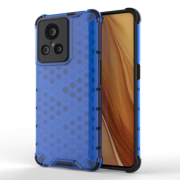 Blue rugged phone case with honeycomb front and ribbed side bumper