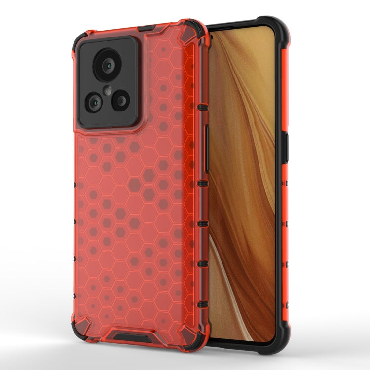 Red honeycomb protective phone case with TPU bumper edges and camera cutout