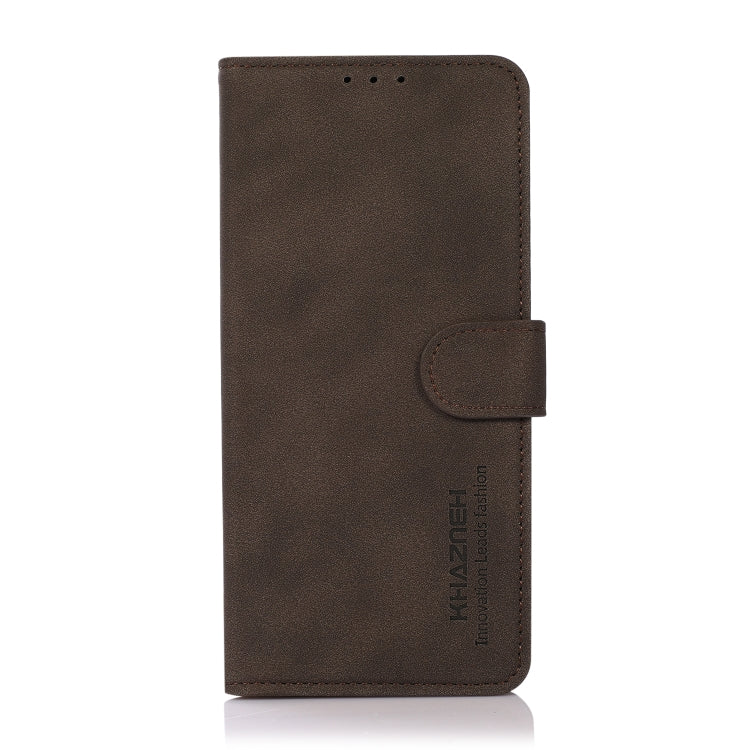 Brown matte leather wallet-style flip phone case with side button and card slots