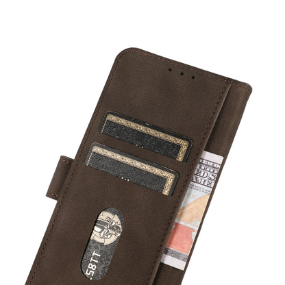 Brown matte leather wallet phone case showing card slots and elastic closure