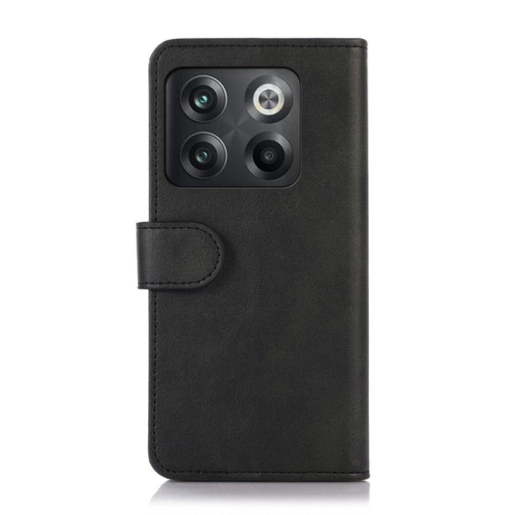 Cow-texture leather phone wallet case, black, with camera cutout and flip strap