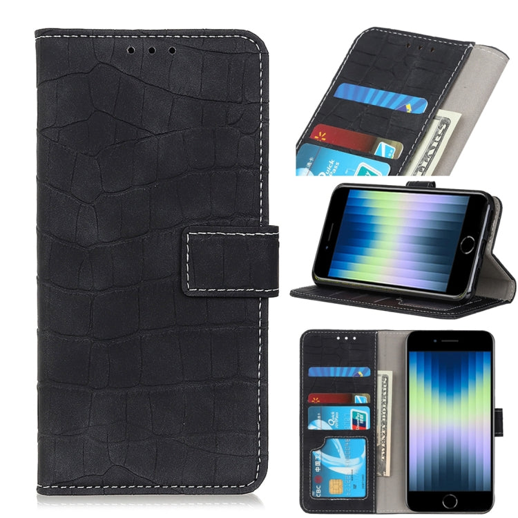 Black crocodile-texture leather flip phone wallet case with card slots and holder