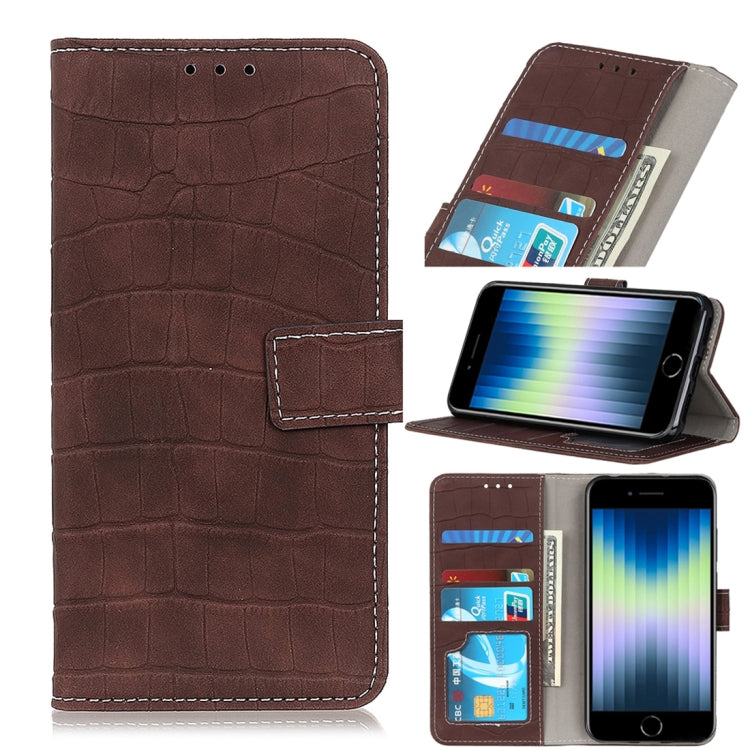 Brown crocodile-texture flip leather phone case with card slots and stand holder