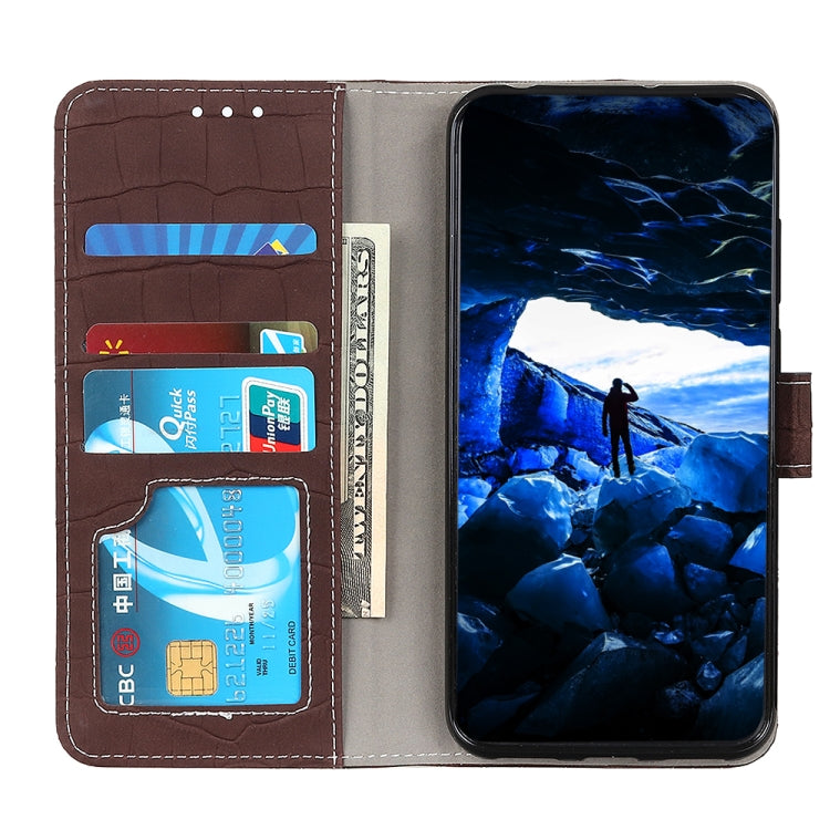 Brown crocodile-texture flip leather case showing card slots and phone holder