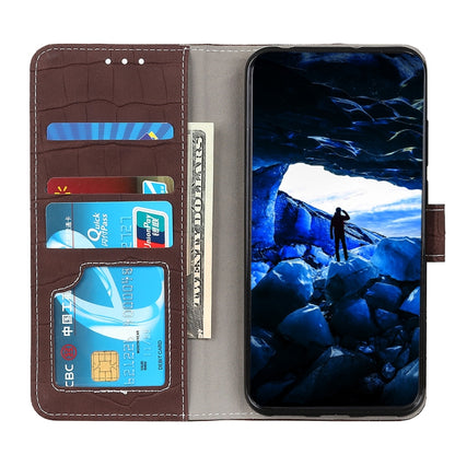 Brown crocodile-texture flip leather case showing card slots and phone holder