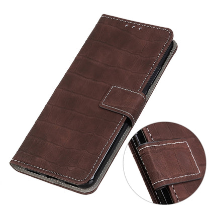 Brown crocodile-texture flip leather phone case with magnetic strap closure
