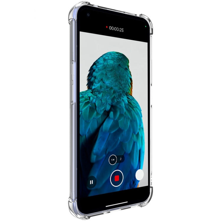 Transparent shockproof TPU phone case showing screen cutout and camera protection ring