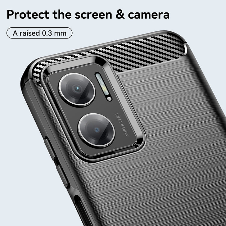 Dark grey brushed TPU phone case with raised camera protection and carbon-fiber top trim