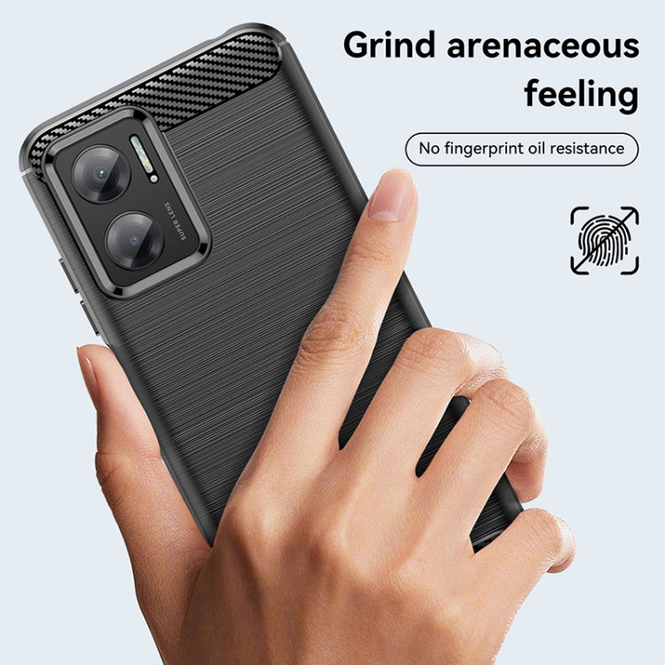 Dark grey TPU phone case with textured grip lines and carbon-fiber corner accents