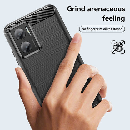 Dark grey TPU phone case with textured grip lines and carbon-fiber corner accents