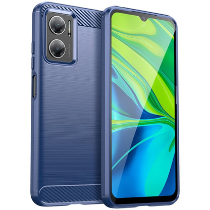 Brushed texture TPU phone case in blue with carbon-fiber accents for dual cameras