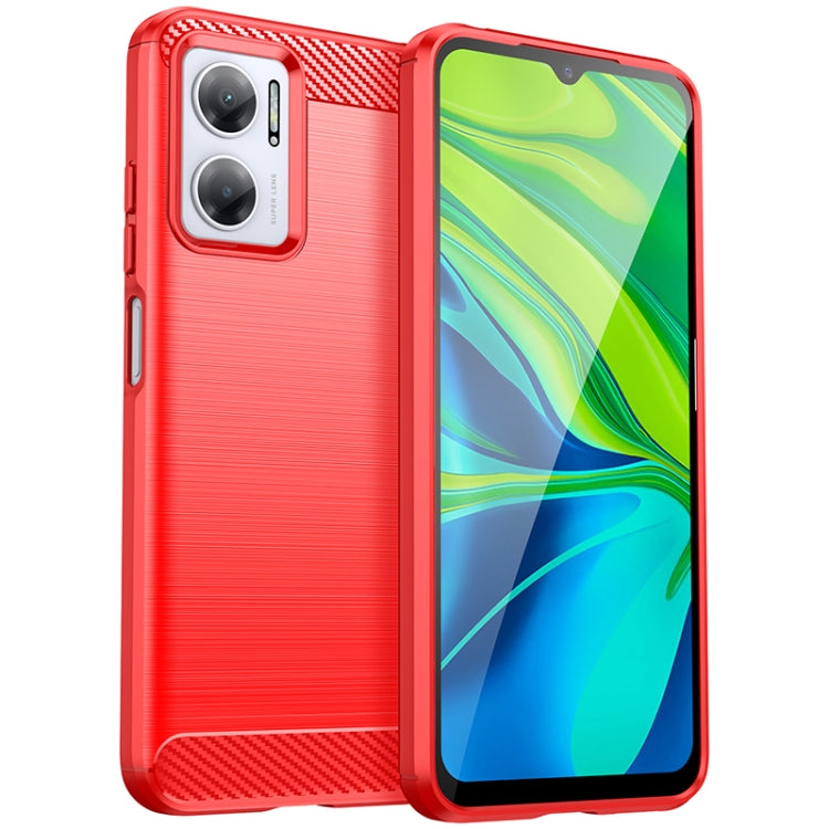 Brushed texture TPU phone case in red with carbon-fiber corner accents and dual camera cutouts