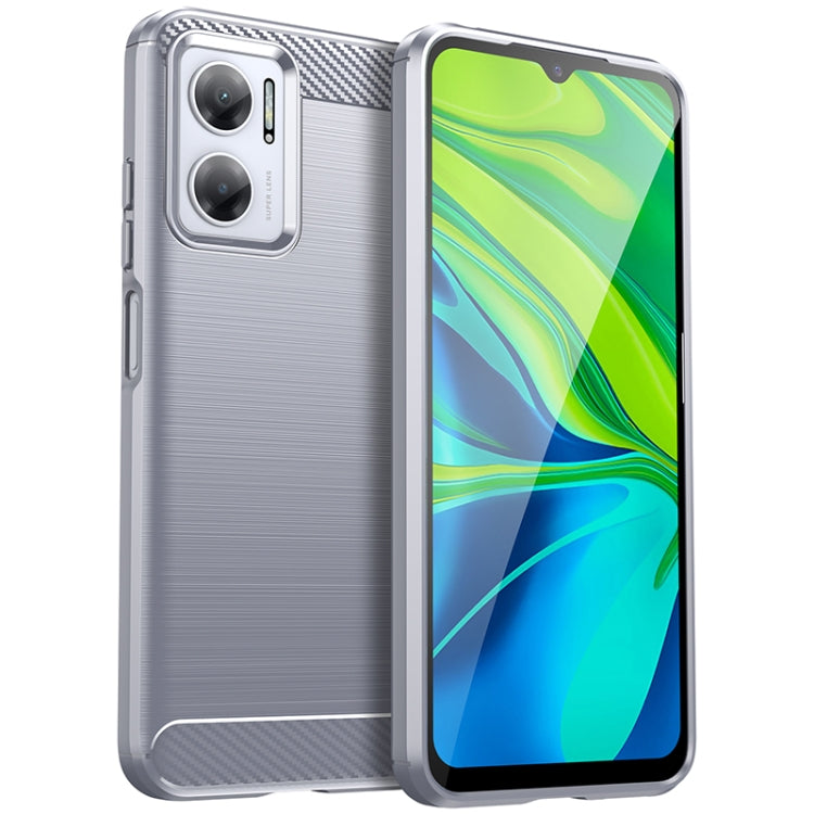 Brushed texture TPU phone case in light grey with carbon-fiber trim and dual camera openings