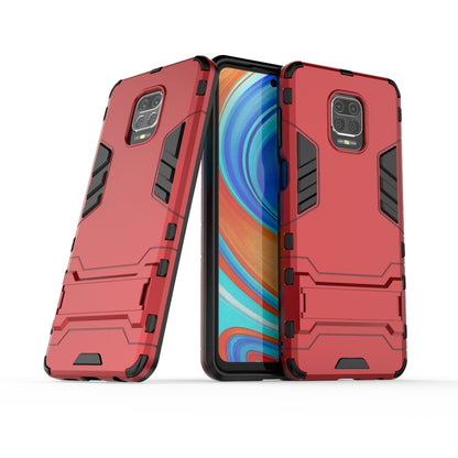 Red rugged protective phone case, angled front and back views with camera opening