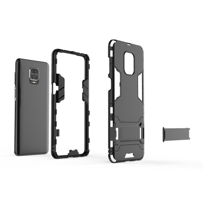 Gray protective phone case parts: back cover, open frame, and camera cutout