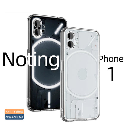 Transparent ice-crystal phone case set showing front and back cutouts for Phone 1