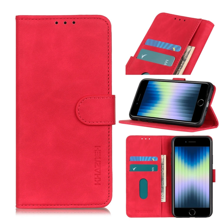 Red leather-style flip phone wallet case with card slots and viewing stand
