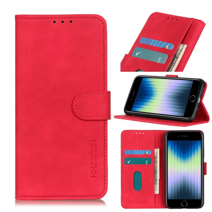 Red leather-style flip phone wallet case with card slots and viewing stand