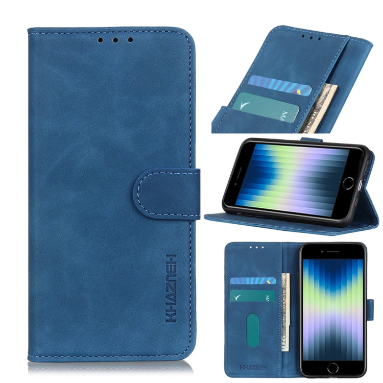 Blue leather-style flip phone wallet case with card slots and viewing stand