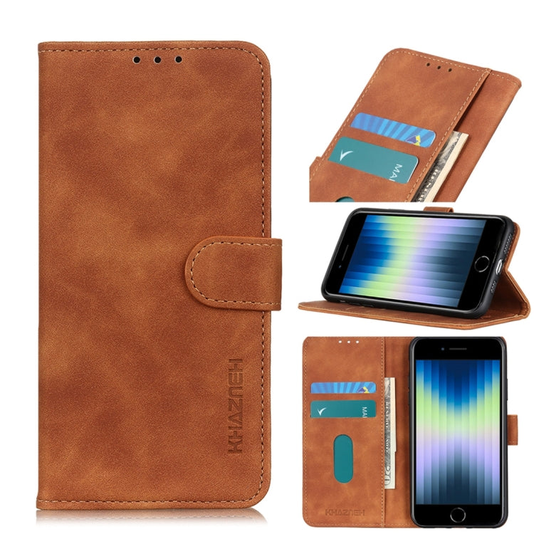 Brown leather-style flip phone wallet case with card slots and viewing stand