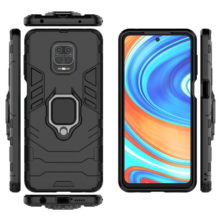 Rugged black phone case with magnetic ring holder, back and side views