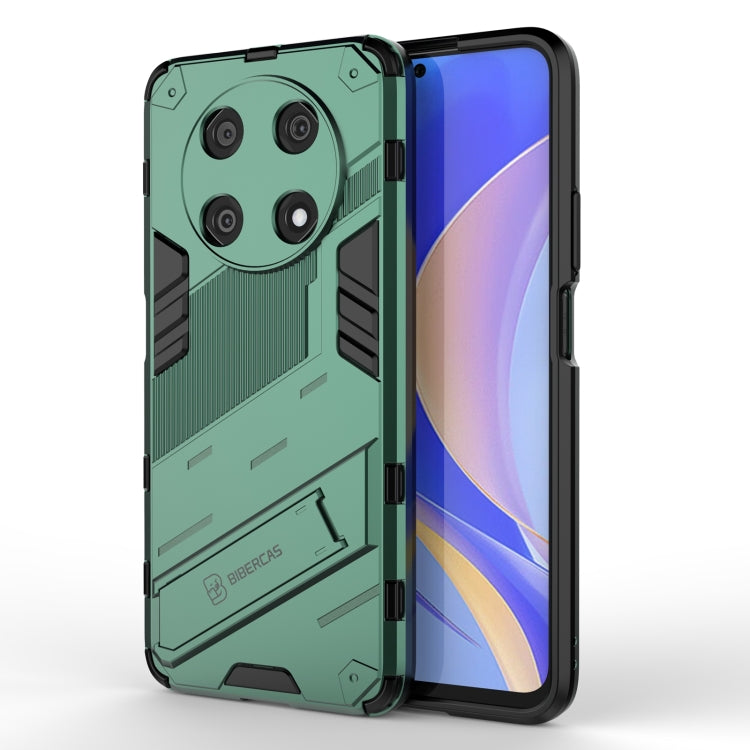 Dark green rugged shockproof phone case with black accents and raised camera protection