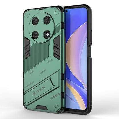 Dark green rugged shockproof phone case with black accents and raised camera protection