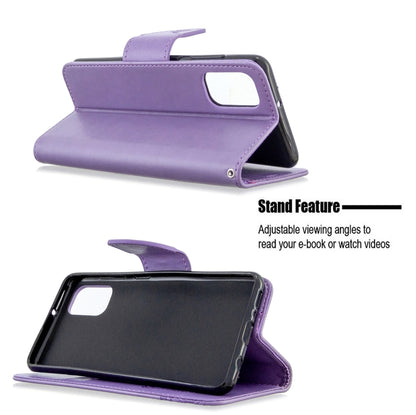 Purple leather flip phone case with stand feature for hands-free viewing