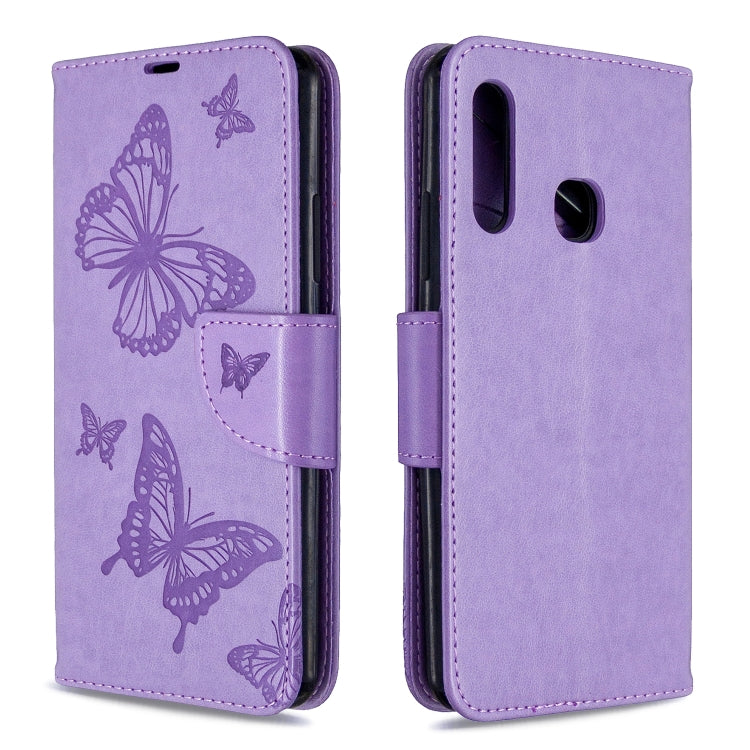 Purple butterfly embossed leather phone wallet case, front and back views