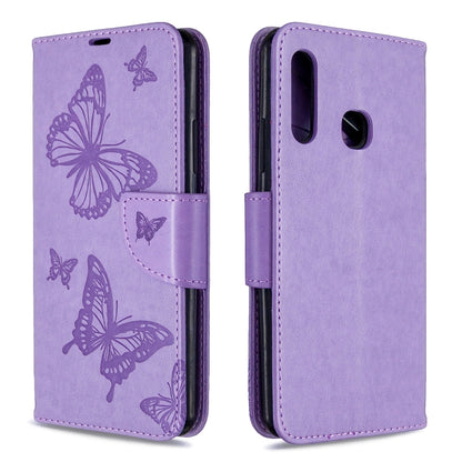 Purple butterfly embossed leather phone wallet case, front and back views
