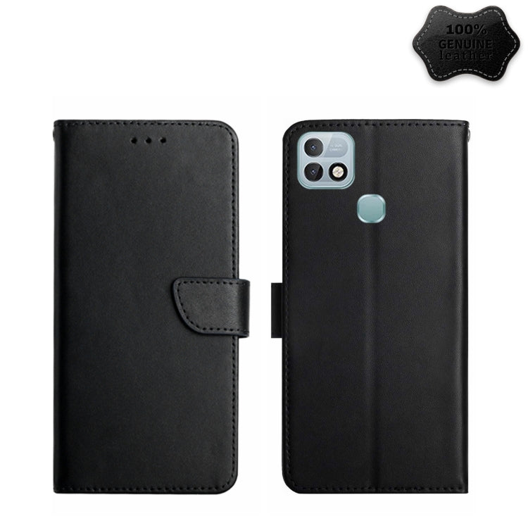 Black leather flip phone case with magnetic strap and camera cutout, open view