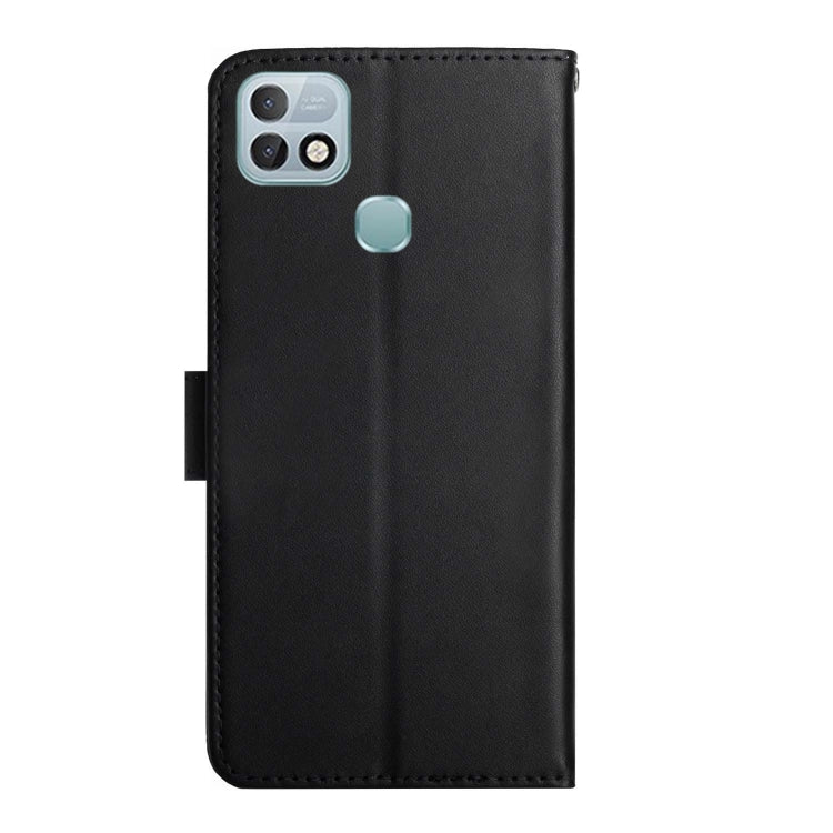 Black leather flip phone case with camera opening and centered metal plate