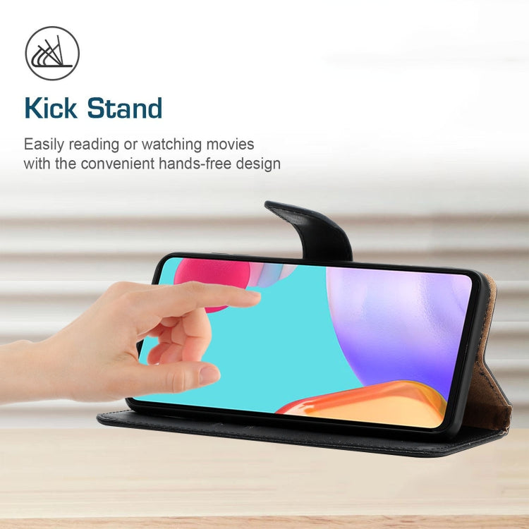 Black leather flip phone case with kickstand holding phone in landscape